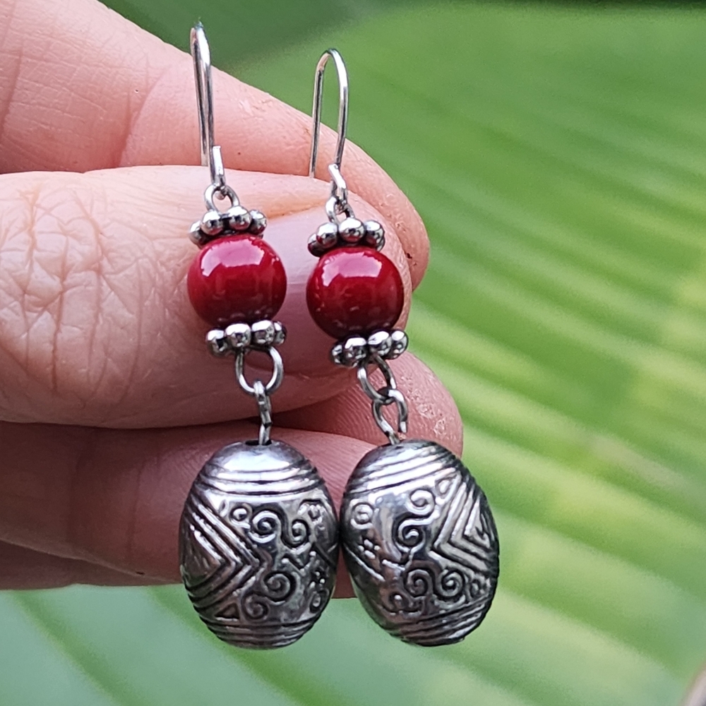 ❤️Vintage Jewelry Silver Boho Earrings Red Stone Ethnic Tibet Design Coral